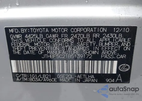 2011 Lexus Is 250 from USA, damaged, VIN JTHBF5C21B5139172